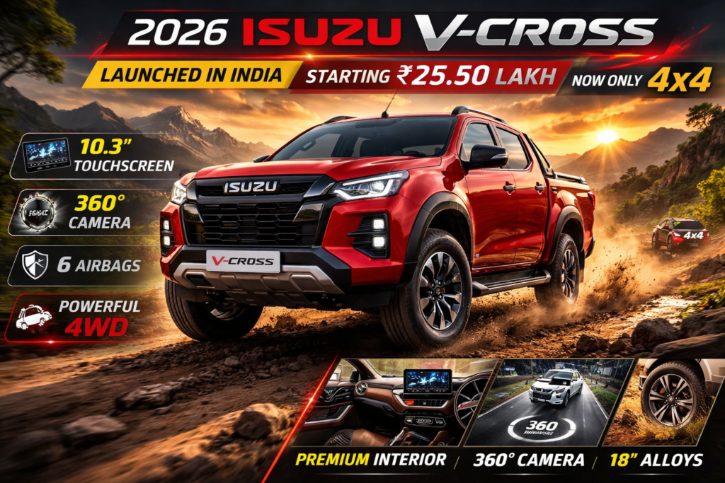 Isuzu V-Cross 2026 рднрд╛рд░рдд рдореЗрдВ тВ╣25.50 рд▓рд╛рдЦ рдХреА рд╢реБрд░реБрдЖрддреА рдХреАрдордд рдкрд░ рд▓реЙрдиреНрдЪред рдЕрдм рдХреЗрд╡рд▓ 4x4 рд╡реИрд░рд┐рдПрдВрдЯ рдореЗрдВ рдЙрдкрд▓рдмреНрдзред рдЬрд╛рдиреЗрдВ рдЗрдВрдЬрди, рдлреАрдЪрд░реНрд╕, рд╕реЗрдлреНрдЯреА рдФрд░ рдкреВрд░реА рдбрд┐рдЯреЗрд▓ред